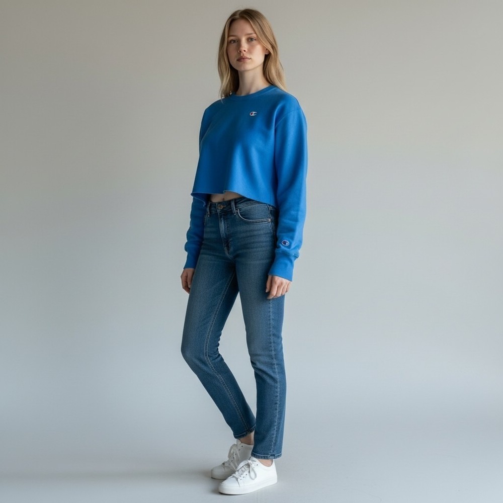 Champion Womens Reverse Weave Crop Cut Off Crewneck Sweatshirt Baby Blue XL